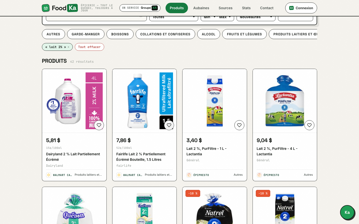 Étape 2 — recherche « lait 2% » avec prix unitaires